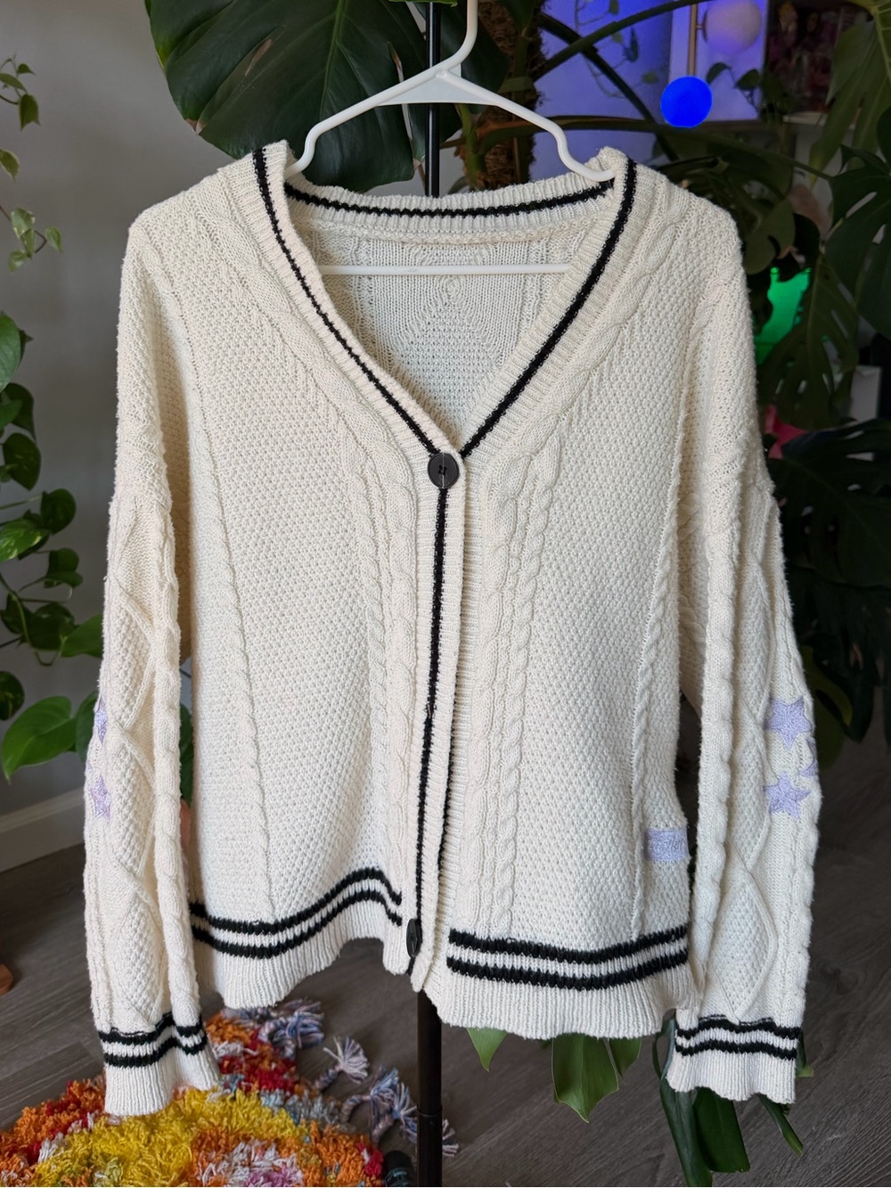 Cozy Ivory Knit Cardigan Sweater with Black Trim